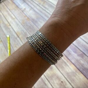 Silver Tone Bangle Cuff Bracelet Hammered Wires Connected Fashion Vintage